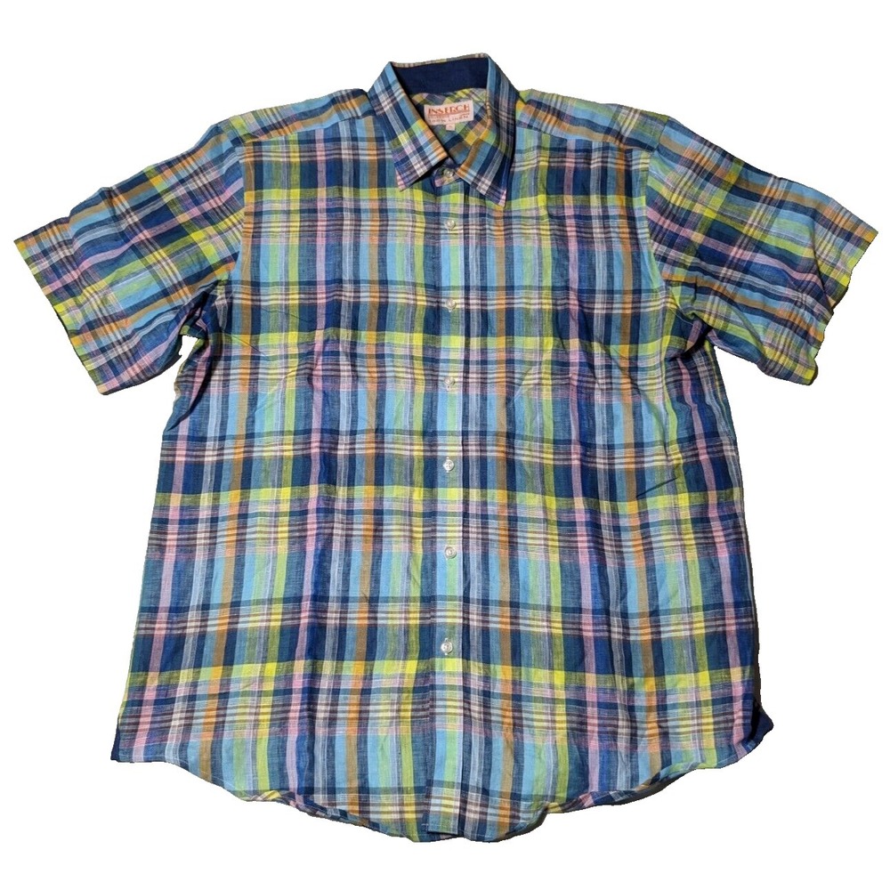 INSERCH LINEN Men Size XL Blue Green Check Button-Up Shirt EUC
